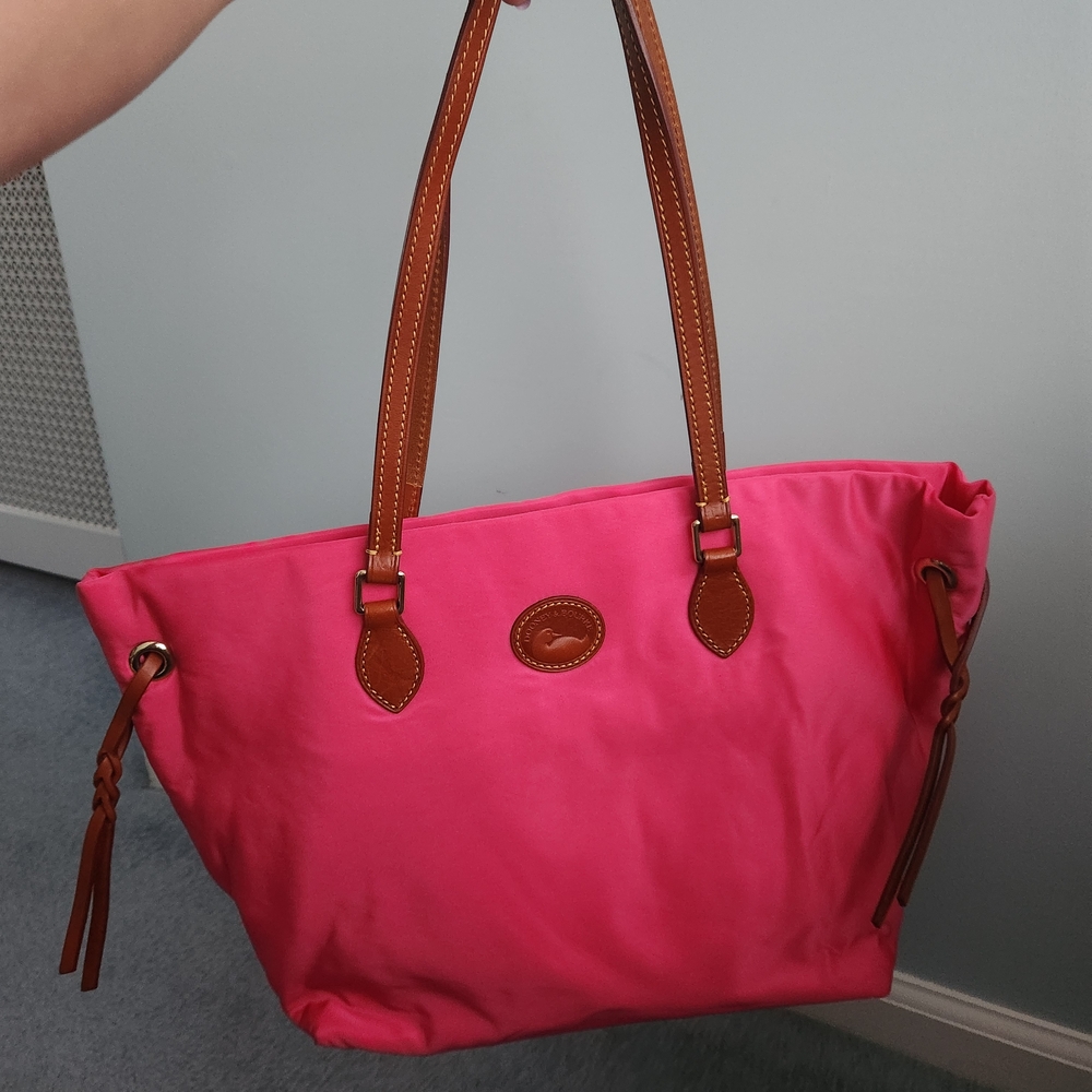 NWT Dooney & Bourke Hot Pink Nylon Shopper Tote with Brown Leather Handles